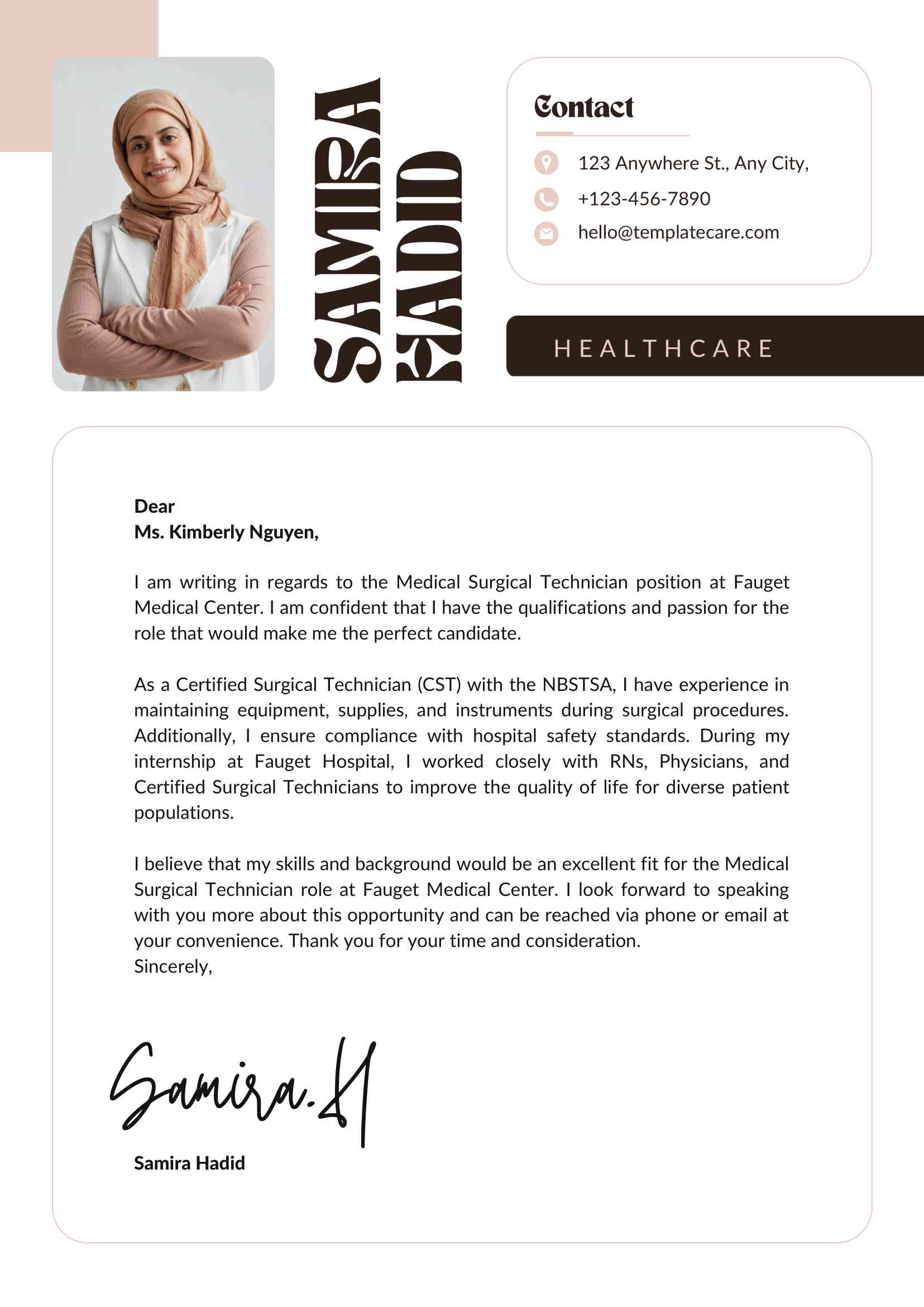 Brown Minimalist Healthcare Cover Letter