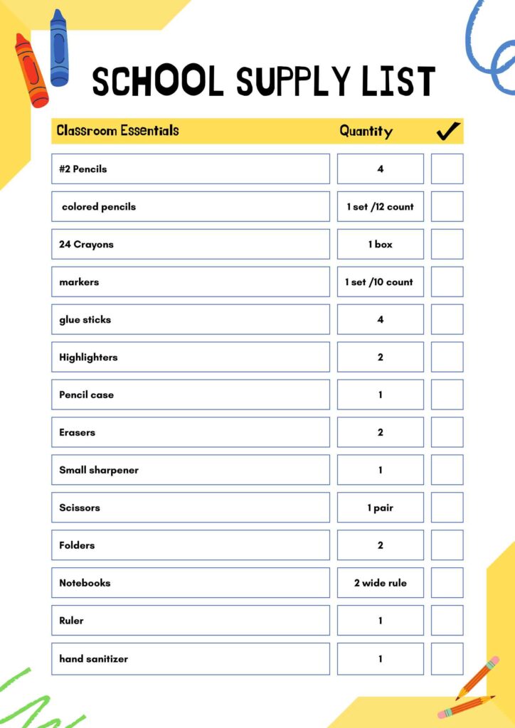 10455 Colorful Back to School Illustrated School Supply List Template