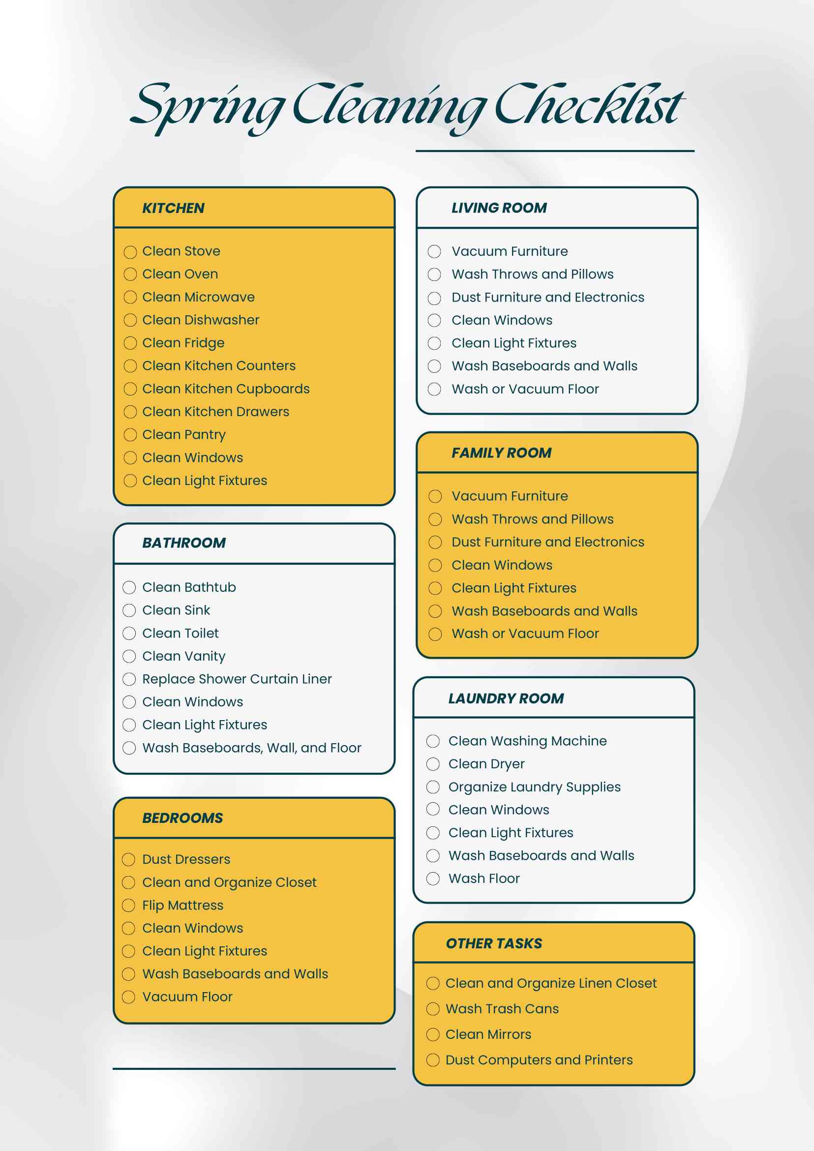 Gray Yellow Simple Minimalist Grid Spring Cleaning Task Checklist